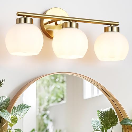 Image of 3 Light Bathroom Vanity Light, 20 inch Brushed Gold Bathroom Light Fixtures Over Mirror with Milky White Glass Globe Shade, Mid Century Modern Brass Wall Sconces, E26 Socket