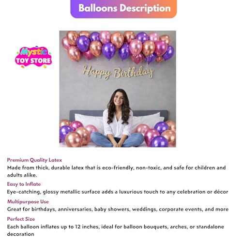 Image of 50 Pcs Pink Purple Rose Gold Metallic Chrome Balloons for Birthday Decoration Items Anniversary Baby Shower Boys Girls Kids Year With Latex Transparent Metallic Balloon Happy Birthday Decoration Kit