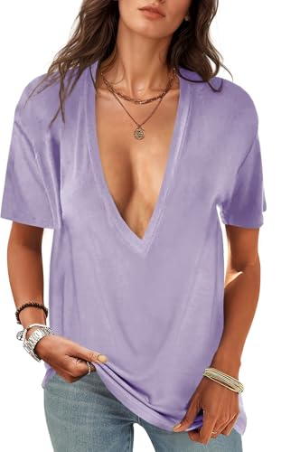 Image of UNCLECAT Womens Deep V Neck T Shirts Summer Oversized Short Sleeve Tops | V Neck, Sexy, Solid, Loose Fit, Casual, Trendy, Going Out, Daily Wear, Workout