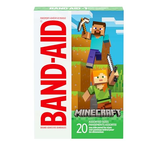 Image of BAND-AID Brand Adhesive Bandages, Minecraft, Assorted Sizes, 20 Count | Fun Decorative Bandages featuring Minecraft Designs for Kids, Sterile First Aid Wound Care for Minor Cuts & Scrapes
