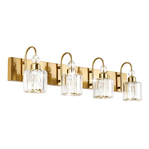 Ralbay Brass Gold Vanity Lights 4-Lights Crystal Bathroom Lighting Fixtures