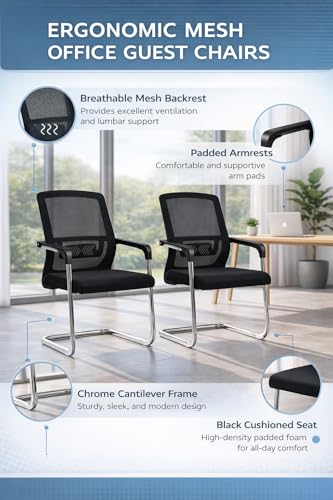 Image of TOBY Set of 2 Ergonomic Visitor Chairs with Lumbar Support, Breathable Mesh Back, Cushioned Seat, Fixed Armrests & Metal Sled Base - Office, Waiting Room, Conference Chair (Black)