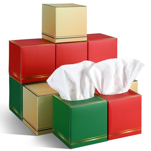 Image of Fourluoo 12 Pack Facial Tissues Cube Boxes Face Box 600 Sheets 3 Ply Soft Paper Square Tissues Bulk for Car Pocket Toilet Household Bedroom Family(Red Green Gold)