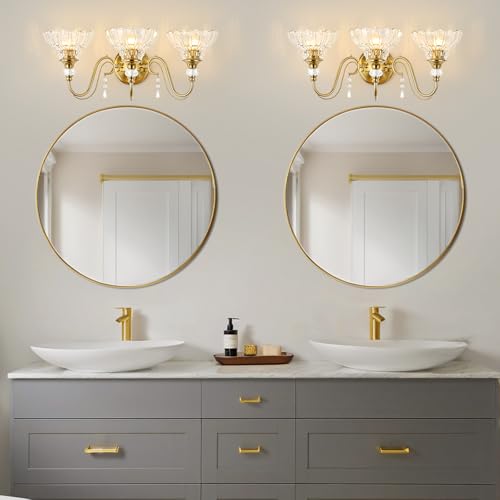 Image of Vintage Bathroom Vanity Light, 3-Light Brushed Gold Finish Wall Sconce with Hanging Crystal Accents and Flower-Shaped Clear Glass Shades, Retro Wall Mount Vanity Light Over Mirror for Bathroom