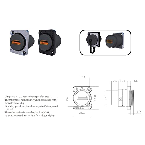 2 conectores HDMI IP67 para montaje en panel, impermeables miniatura 4