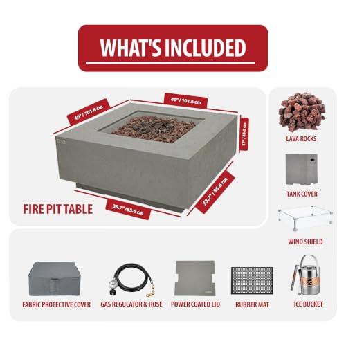Image of AMS Creations | Brooklyn 40 inch Bundle Square Propane Gas Outdoor Fire Pit Table | Light Gray Concrete GFRC | Limestone Texture Surface Fire Pit Table