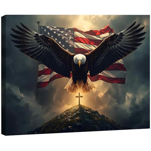 Image of Patriotic Bald Eagle with US Flag & Cross Canvas Wall Art, Christian 4th of July Patriotic Wall Decor, Framed Inspirational Canvas Prints, Independence Day Pictures for Office, Bedroom