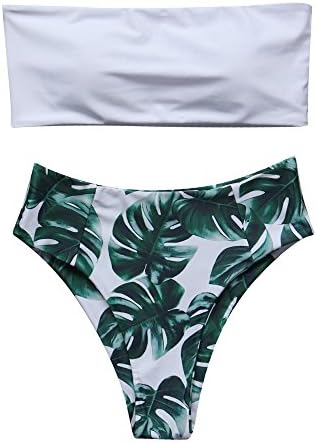 Women High Cut Bandeau Tropical Leaf Printed Strapless Swimsuits Bikini Set