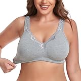 Sport BH Groß Damen Wireless Plus Size Lace Bra Full Coverage Ungefüttert Baumwolle BH Gepolsterte BHs für Frauen, grau, 100DD