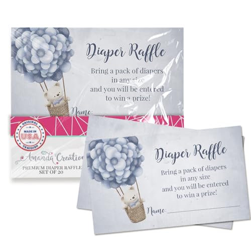 Amanda Creation Diaper Raffle Tickets for Baby Shower – Pack of 20 2” X 3.5” Blue Teddy Bear Double Sided Game Cards, Stock Up on Diapers Only Made in the USA