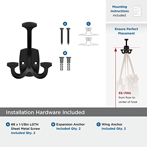 Image of Amerock Vicinity Triple Prong Matte Black Wall-Mounted Hook | Decorative wall hook in durable zinc construction for coats, hats, bags, towels, and everyday organization