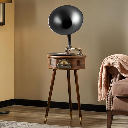 HZLSBL Gramophone Record Player Italian Style Vinyl Record Player with Bluetooth Input/USB/FM 2 Speed Turntable Hi-Fi Classic Tripod Retro Wooden Design with Remote Control