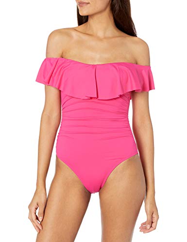 La Blanca Women's Island Goddess Off Shoulder Ruffle One Piece Swimsuit, Pink, 10