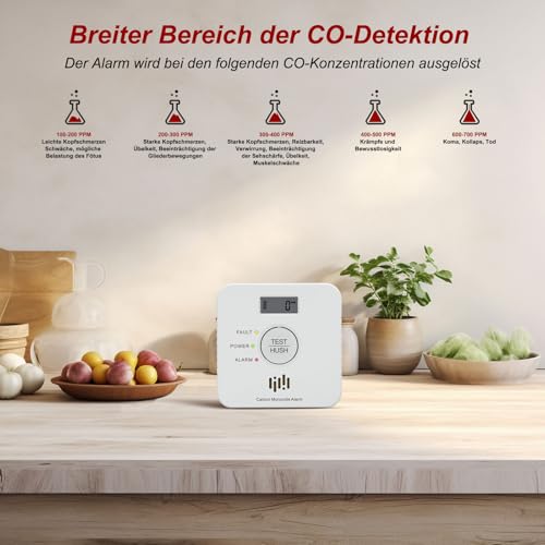 Kohlenmonoxid Melder, 10-Jahres-Batterie CO melder mit LCD-Display und Silent-Test-Taste, EN50291 konform, Kohlenmonoxid-Warner (TCS0202A) – Ansicht 3