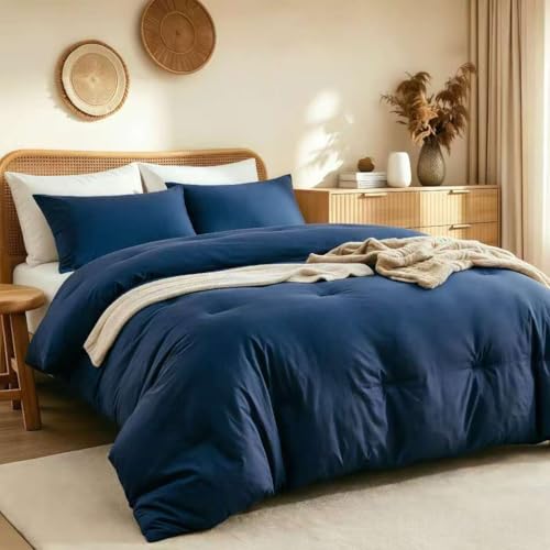 Image of Quataly Oversized Queen Comforter Set Prewashed Lightweight Quilted Bedding | 3PCS Navyblue Breathable Down Alternative Bedding Set with 1 Solid Comforter (98 inchx98 inch) and 2 Soft Pillowcases