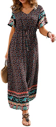 GRECERELLE Womens Summer Maxi Boho Beach Dress Floral Print Dress V Neck Short Sleeve Drawstring High Waist Flowy Long Midi Dresses (Blue Leadwort Black, L)