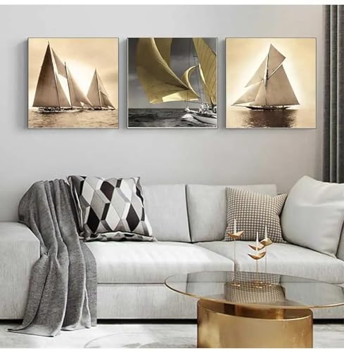 Impression d'art scandinave voilier rétro toile triptyque 60 x 60 cm