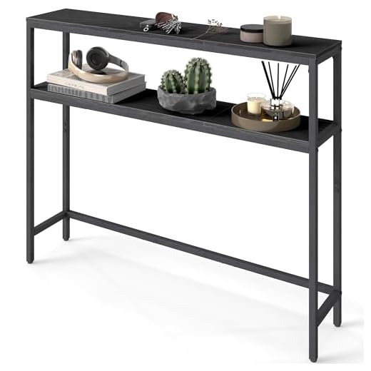 VASAGLE Konsolentisch, schmaler Sofatisch mit 2 Ablagen, 20 x 100 x 80 cm, Flurtisch, 2 Ebenen, für Flur, Wohnzimmer, Schlafzimmer, anthrazitgrau-tintenschwarz LNT131B22