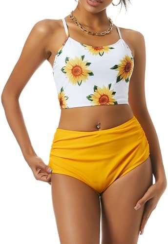 ZAFUL Women's Crisscross Ruched High Waisted Bikini Set Two Piece Floral Print Swimsuit Lace Up Padded Tankini Yellow M