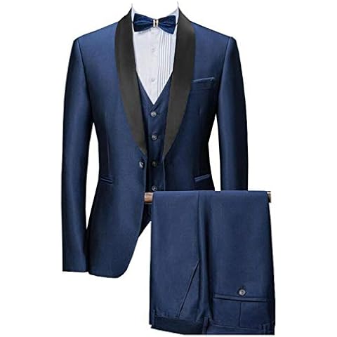 YZHEN Men's 3 Piece Suit Shawl Lapel One Button Business Wedding Prom Tuxedo Jacket Vest & Trousers Navy Blue Cover