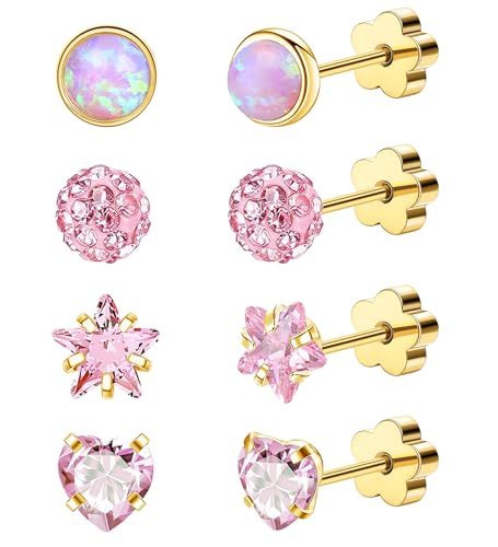 4Pairs Hypoallergenic Flat Back Earrings for Women 14K Gold Cartilage Earring for Sensitive Skin Star Heart Opal Screw Back Nap Earrings Gold Pink CZ