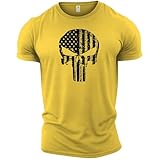 GYMTIER Skull USA Flag T-Shirt de Gym pour Hommes, entraînement de Musculation, vêtements de Levage, Jaune, L