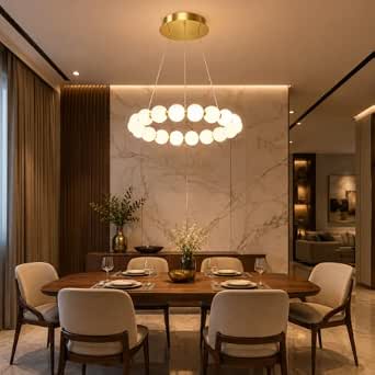 Havells MATINEE LED Pendant | 35W Integrated LED | Frosted Globe Ring Design | Premium Gold Finish | Tunable White Hanging Light | Dining Room, Living Area & Hotel Lounge | TW | Pack of 1