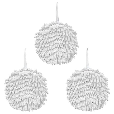 iMaylex 3 Pack Chenille Fuzzy Ball Hand Towels, Quick Dry and High Absorbent Microfiber Hand Towels with Hanging Loops for Kitchen Bathroom, 7" x 7", White Cover