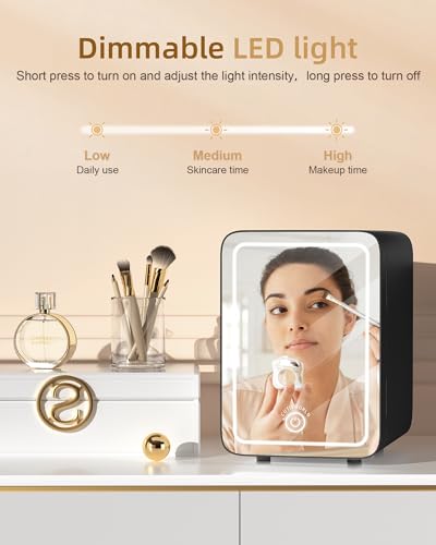 Image of CUTIEWORLD Makeup Fridge With Dimmable LED Light Mirror, 4L Mini Fridge for Bedroom, Car, Office & Dorm, Cooler & Warmer, Portable Small Refrigerator for Cosmetics, Skin Care and Food, Black
