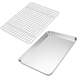 TEAMFAR Backblech mit Abkühlgitter, Edelstahl kuchenblech ofenblech, Rechteckig backform ofenblech mit auskühlgitter, 31,6 x 24,6 x 2,5cm, Gesund & Ungiftig, Hochglanzpoliert, Spülmaschinenfest
