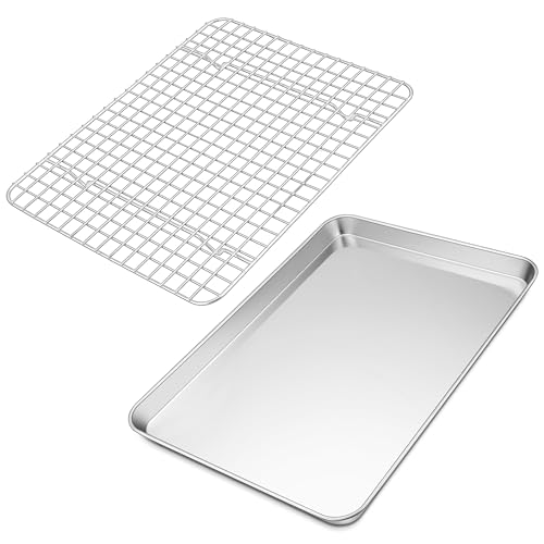 TEAMFAR Backblech mit Abkühlgitter, Edelstahl kuchenblech ofenblech, Rechteckig backform ofenblech mit auskühlgitter, 31,6 x 24,6 x 2,5cm, Gesund & Ungiftig, Hochglanzpoliert, Spülmaschinenfest