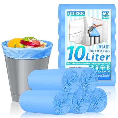 QILERR Bolsas de basura pequeñas, 160 unidades, 10 litros, bolsas de basura gruesas con pedales, bolsas de basura fuertes para baño, inodoro, dormitorio, oficina, escritorio, para 10-12 litros, color