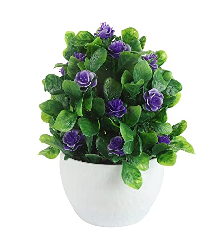 Image of Foliyaj Artificial Plant with Purple Roses in White Pot for Interior Decor | Faux Plant for Desks, Shelves and Side Tables for Your Home and Office | Fake Plants for Indoor Decoration
