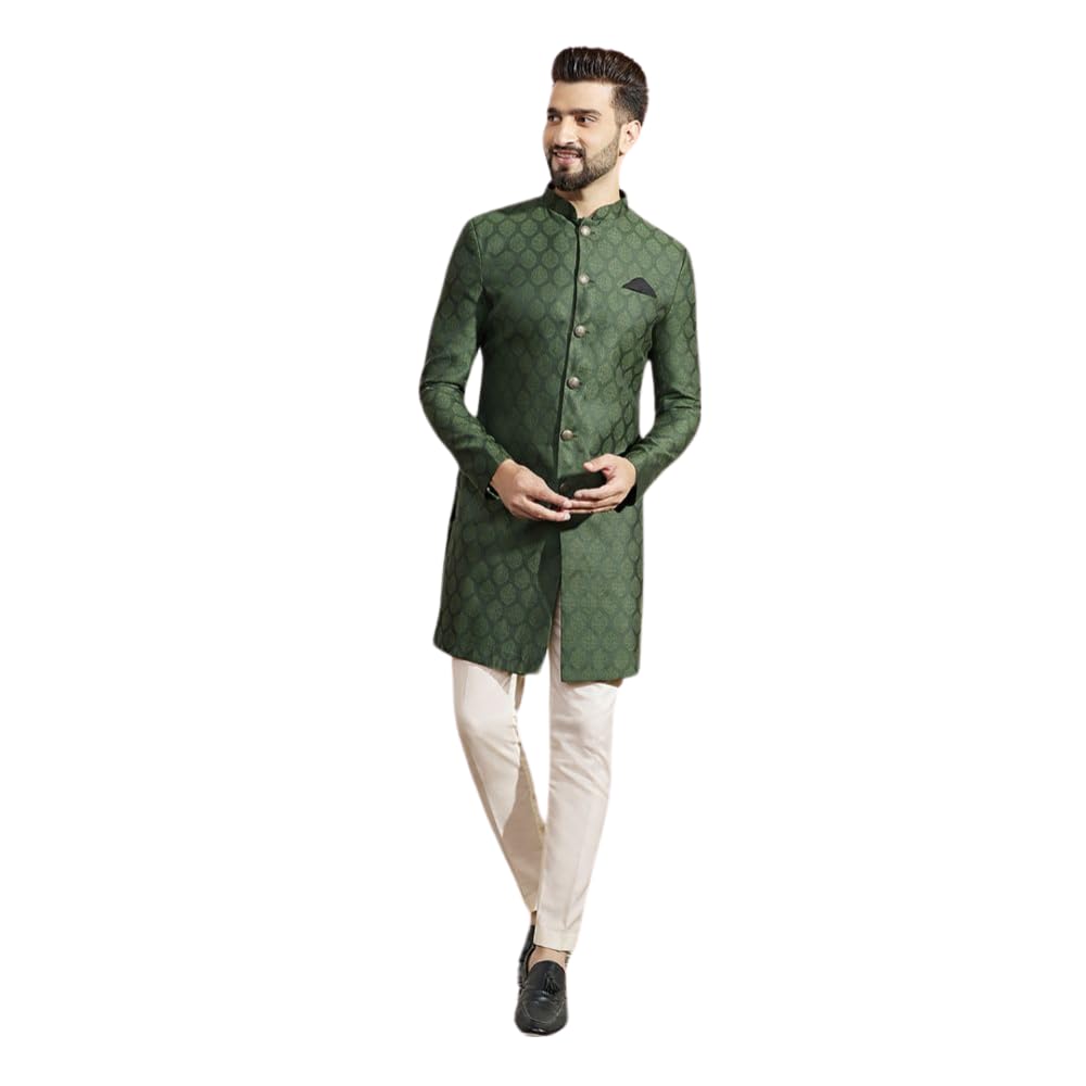 Men's Indo-Western Sherwani Trouser Set, Olive Silk Blend, Woven Design Regular Fit Mandarin Collar Long Sleeves