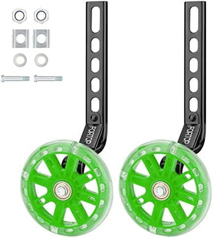 FORTOP Pair of Heavy Duty Flashing Silent Bike Training Wheels for Kids Bikes, Bicycle Stabilizer Mounting Kit Suitable for Single Speed Bicycles with 12-20 Inch Wheels (Green)