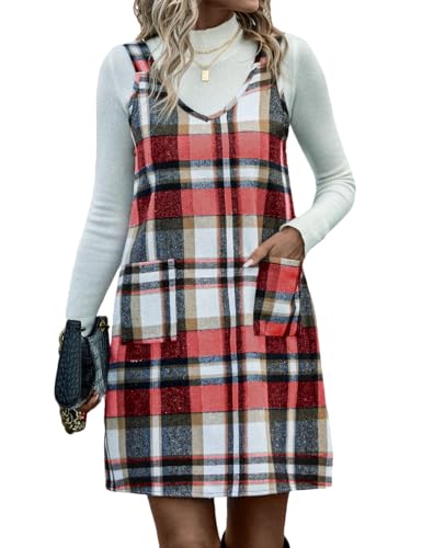 IDEALSANXUN Christmas Dresses for Women 2025 Fall Winter Wool Corduroy Pinafore Overall Dress Jumpers Jumpsuits Romper Red Plaid Skirt Long Sleeveless Vest Tops, Wine, M