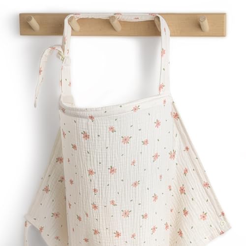 Image of Blissful Diary Muslin Nursing Cover for Breastfeeding, Breathable Breastfeeding Cover up with Arch Neckline for Women, Nursing Apron (Pink Floral)