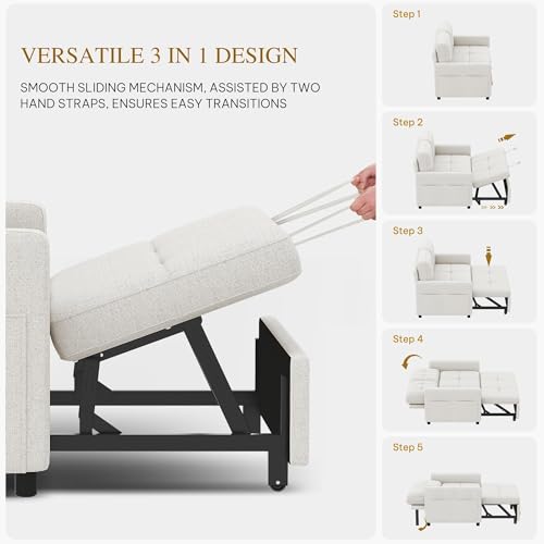 DWVO 55" Convertible Sofa Bed, 3-in-1 Sleeper Sofa with Pull-Out Bed, Linen Futon Couch with Side Pocket and Adjustable Backrest, Modern Loveseat for Living Room, Light Beige