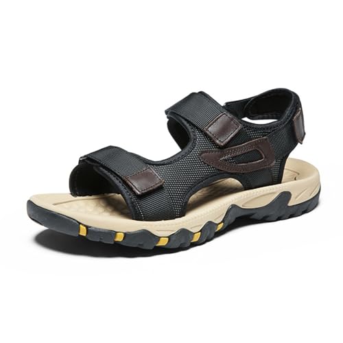 MILDSEVEN Large Size Men's Open-Toe Sandals, Hollow Out Real Leather Hiking Sandals, Fashion Backpacking Beach Shoes,9.5,Black