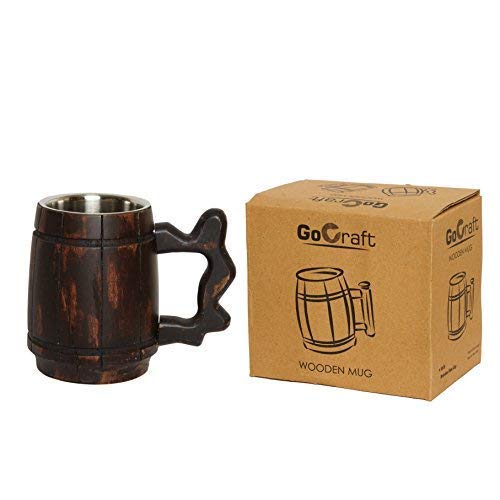 Gocraft Handmade Wooden Beer Mug With 18Oz Stainless Steel Cup | Great Beer Gift Ideas Wooden Beer Tankard For Men | Vintage Bar Accessories - Barrel Brown Classic Design #TOP5