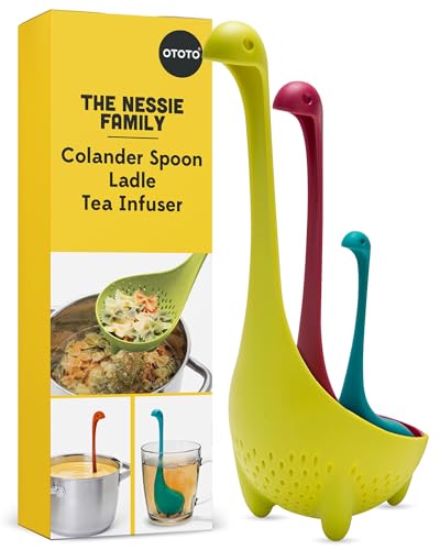 A whole family of Loch Ness Monster kitchen tools — mama strainer, classic ladle, and baby tea infuser — that actually work and look incredible doing it.