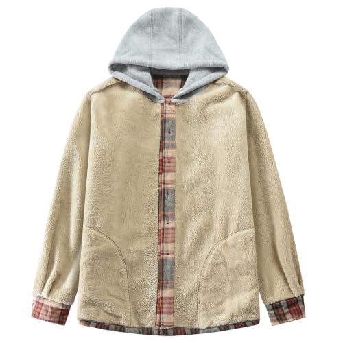 Image of Men's Cotton Plaid Shirt Jacket Fleece Flannel Sherpa Button Down