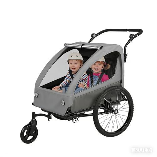 Sepnine Kids Bike Trailer, Suitable for 1 to 2 Children, Double Seat, Universal Coupler, Foldable, Canopy with Bug Screen and Weather Shield, with 5-Point Harness and Storage Bags