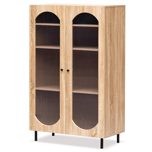 Image of Rocco Stellar Bookshelf with Auto LED Lights & Acrylic Fluted Doors | Engineered Wood Bookcase | Adjustable Shelves, Scratch-Resistant | Living Room, Library & Office (Oak, Tall Size)