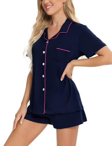 Image of SWOMOG Womens Button Down Pajamas Set Short Sleeve Sleepwear Bride Soft Pj Lounge Sets XS-3XL