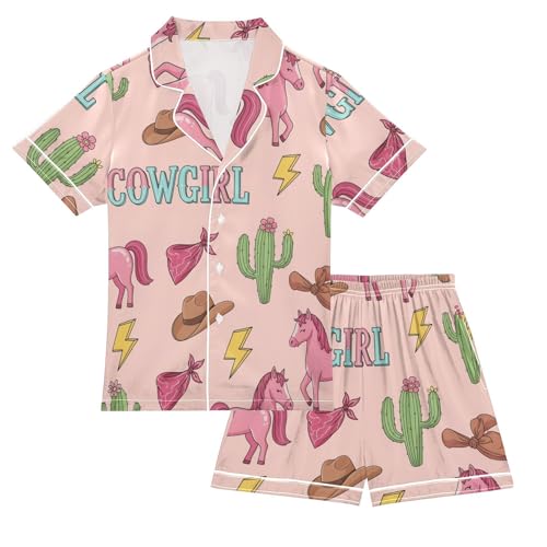 Satin Pajama Sets Short Sleeve Cowgirl Theme Pattern Prints Button Down Silky Nightwear 2 Piece PJS 5-14Y