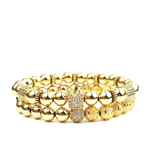 WenQian Jewelry Men Women Bracelets Luxury Crown Copper Bracelets with 8mm Micro Pave Cubic Zirconia Beads (Gold)
