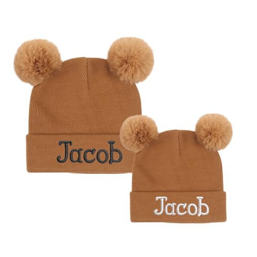 lanleay Custom Name Beanie Hats for Baby Girls Boys, Personalized Embroidered Beanies for Infants Toddlers, Winter Knit Hat, Coffee 2 Pompoms