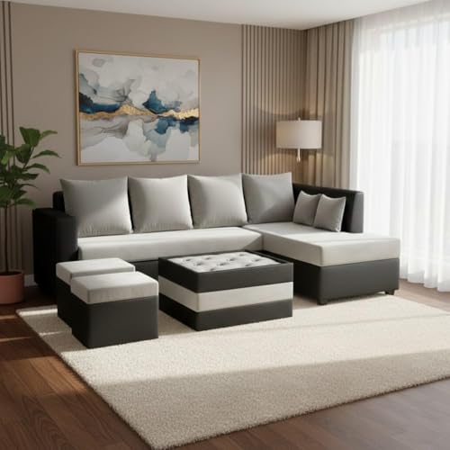 Image of CASASTYLE Stylify 8 Seater Fabric RHS L Shape Sofa Set with 1 Centre Table & 2 Ottoman (Light Grey-Black) 8 Person Seating with Premium Velvet Finish | Ideal for Living Room