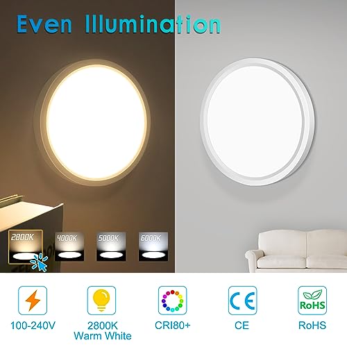 LightingWill 7 Inch LED Flush Mount Ceiling Light Fixture, 2800K Warm White, 1500LM, 12W, Flat Modern Round Lighting Fixture, 120W Equivalent White Ceiling Lamp for Kitchens, Bedrooms.etc.